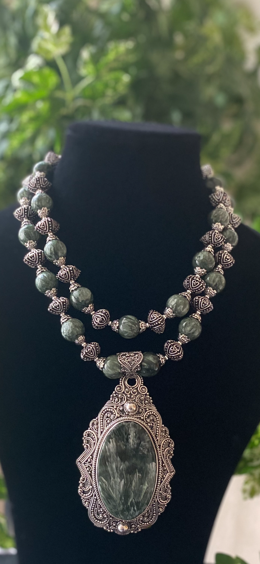 Seraphinite and Sterling Silver Beaded Necklace