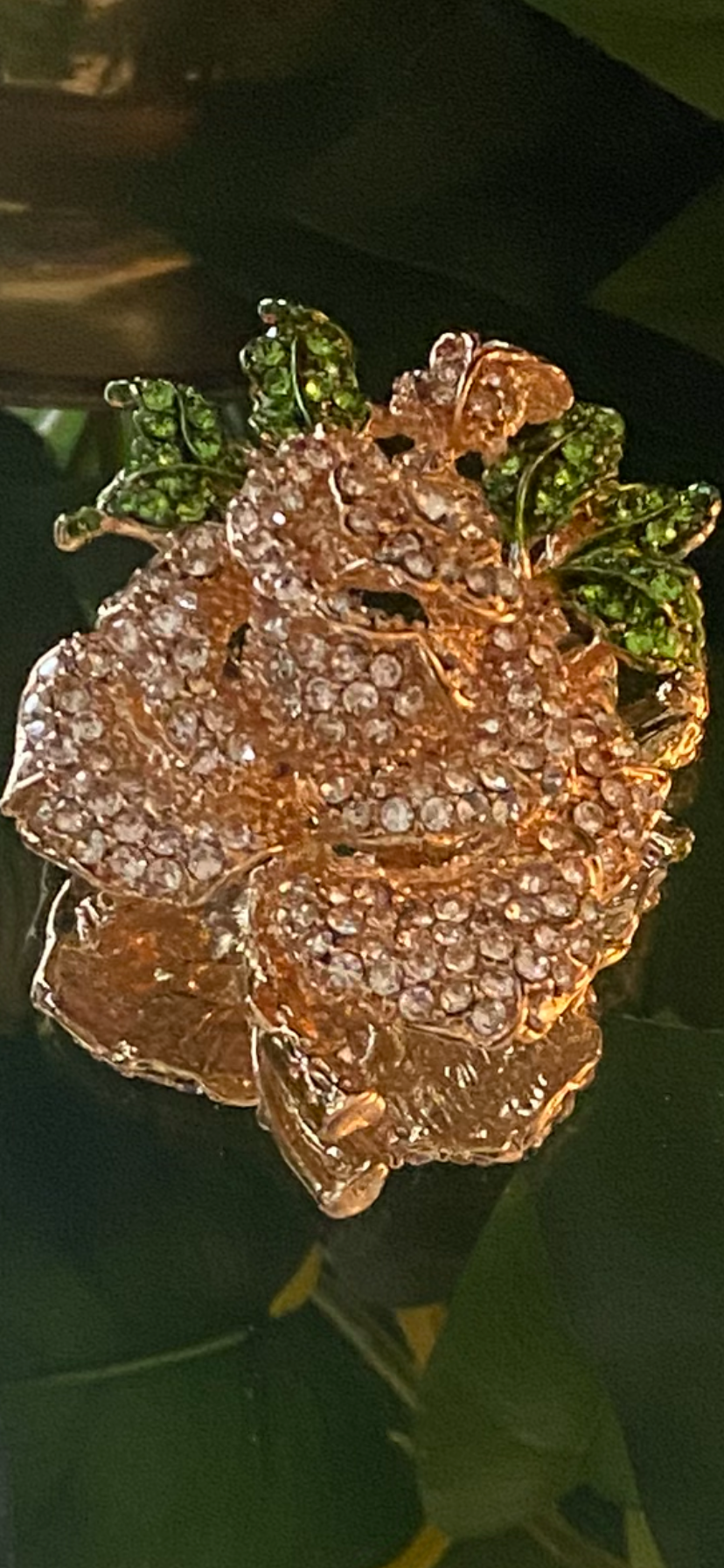 Small Clear Rhinestones Brooch with Green Leaves in Gold Metal #32