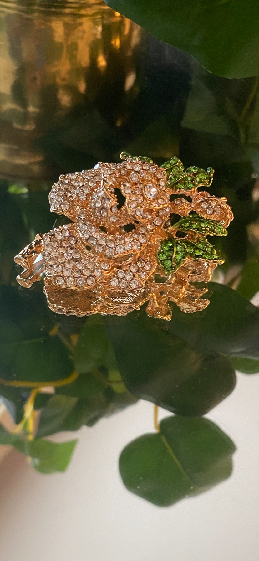 Small Clear Rhinestones Brooch with Green Leaves in Gold Metal #32