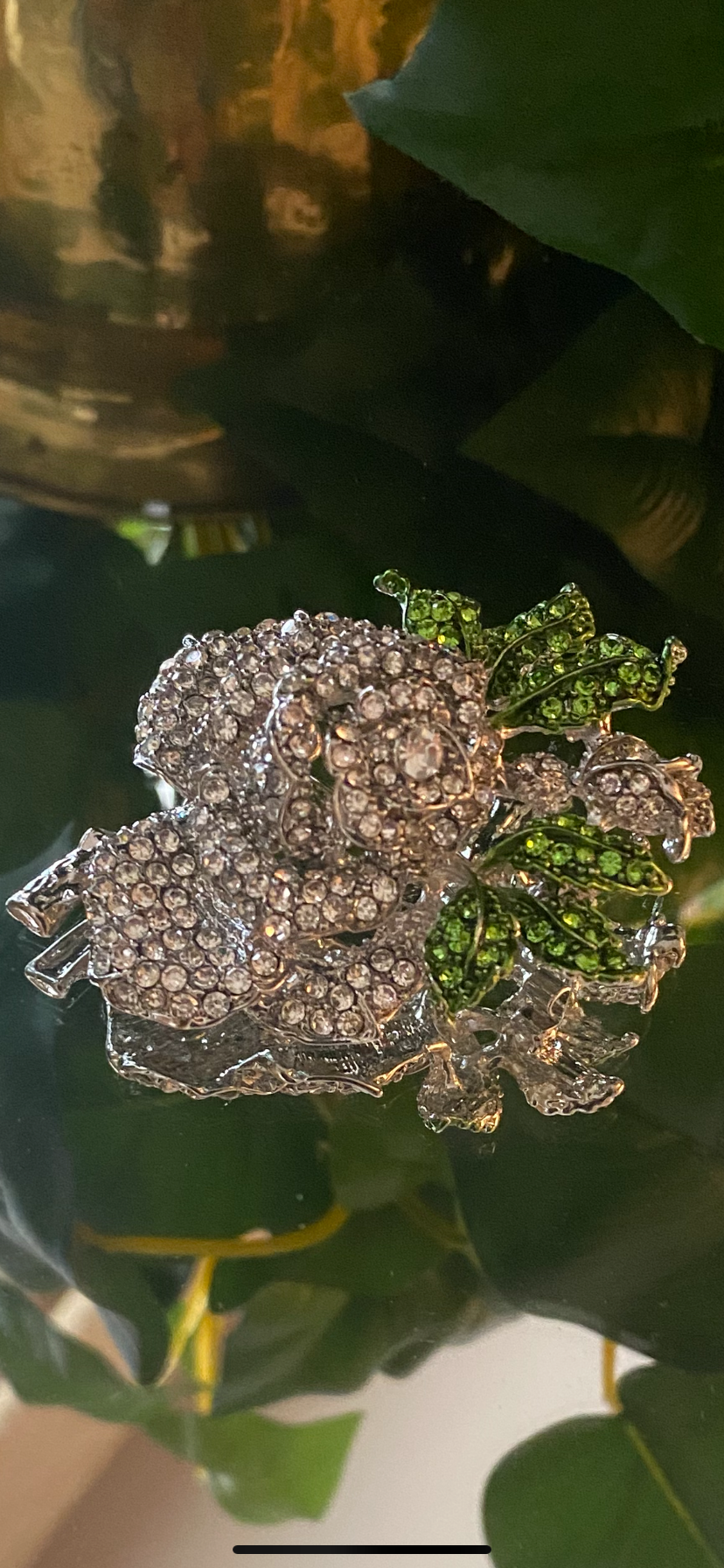 Small Clear Rhinestones with Green Rhinestones Leaves Brooch in Silver Metal #33