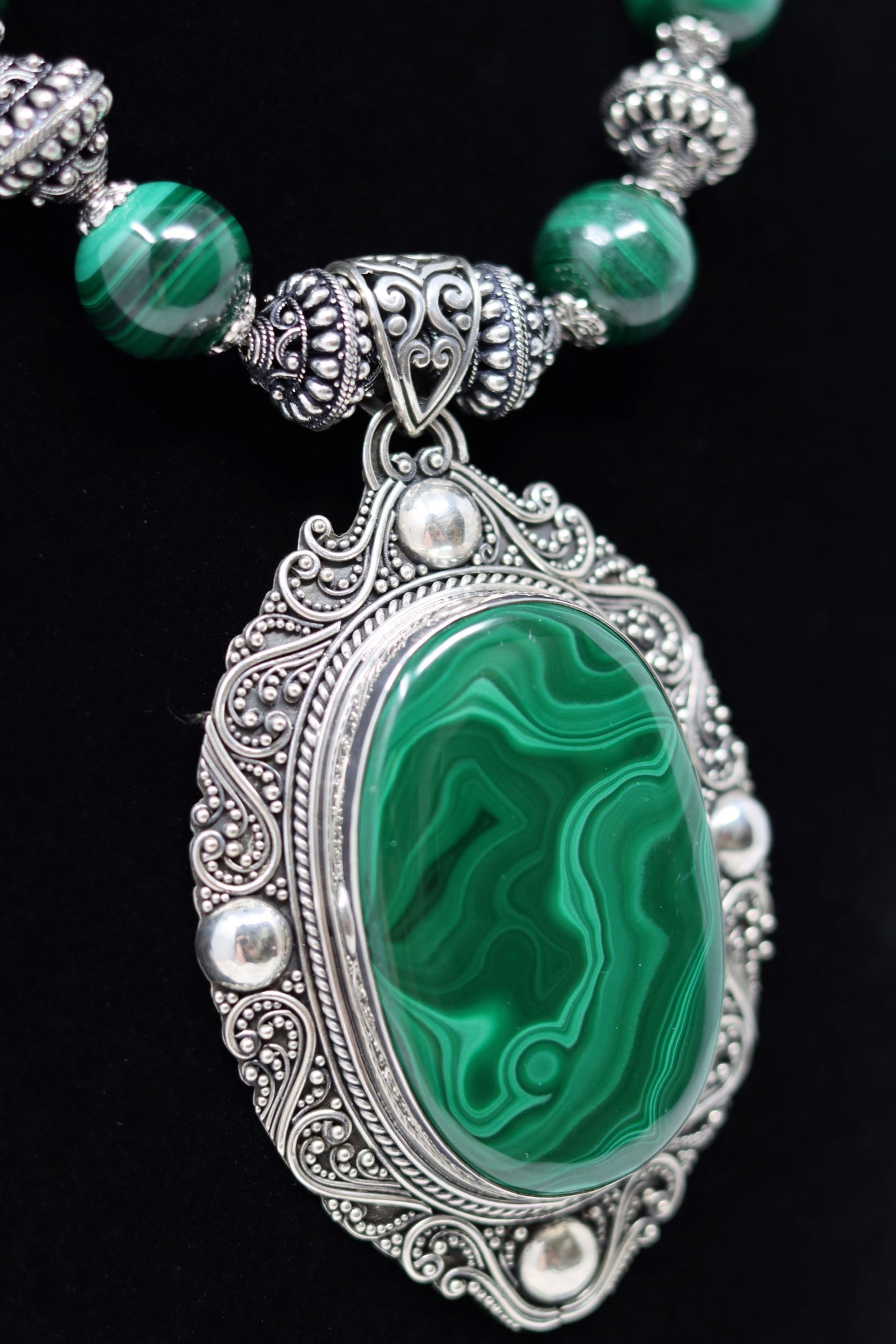 Malachite and Sterling Silver Beaded Necklace