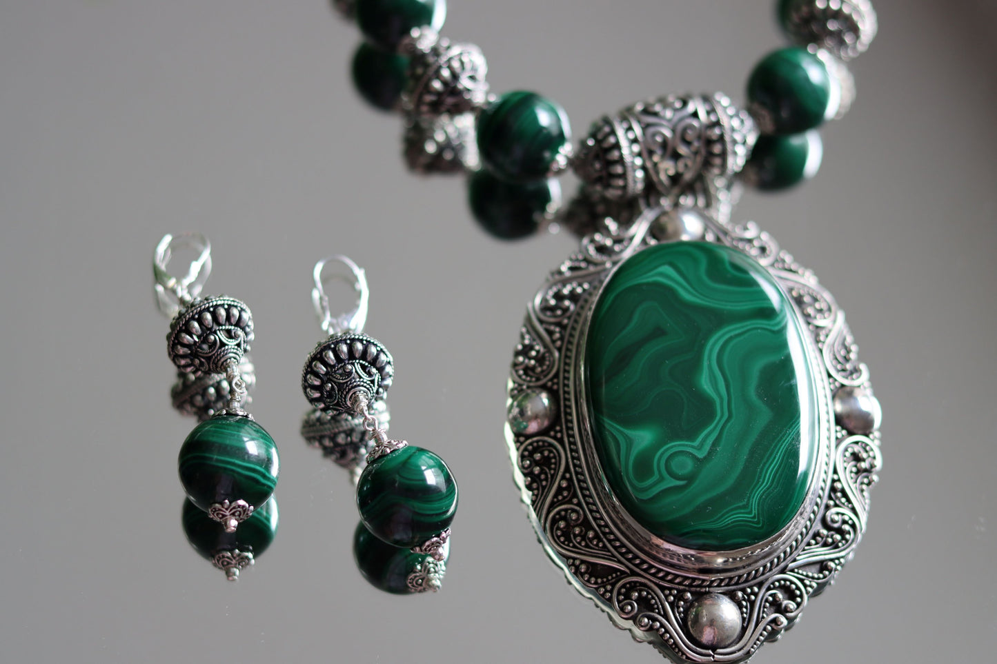 Malachite and Sterling Silver Beaded Necklace