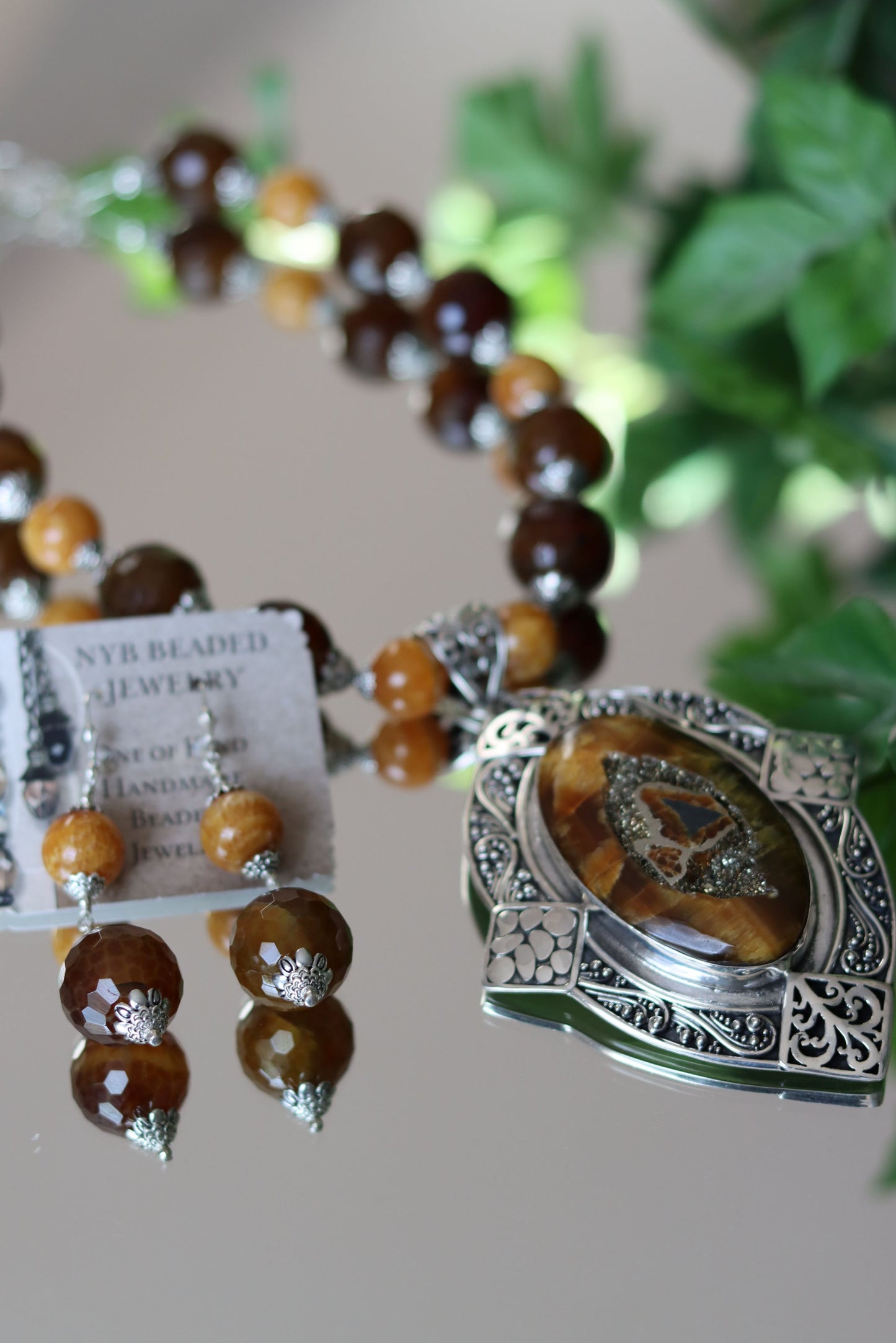 Simbircite Cabochon in Sterling Silver Agate Beaded Necklace