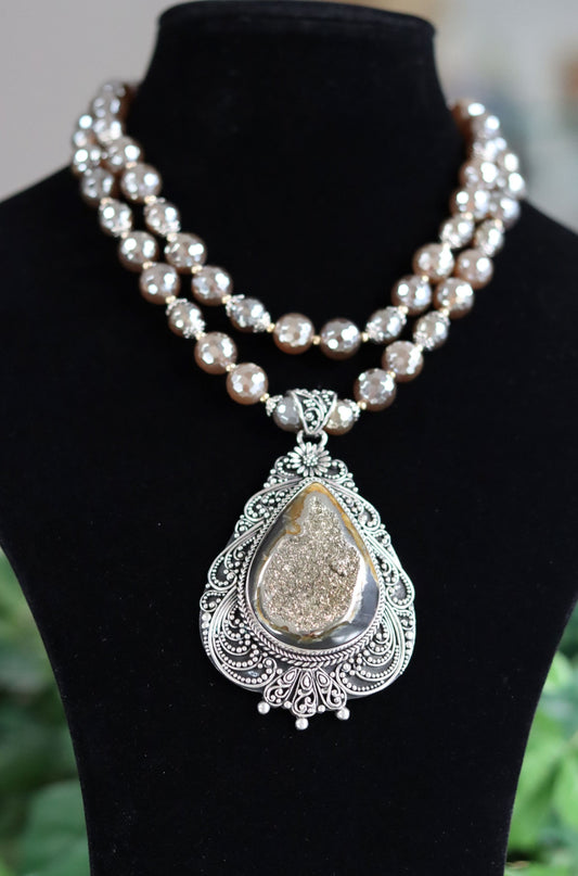 Simbircite Tear Drop Cabochon in Sterling Silver Beaded Necklace