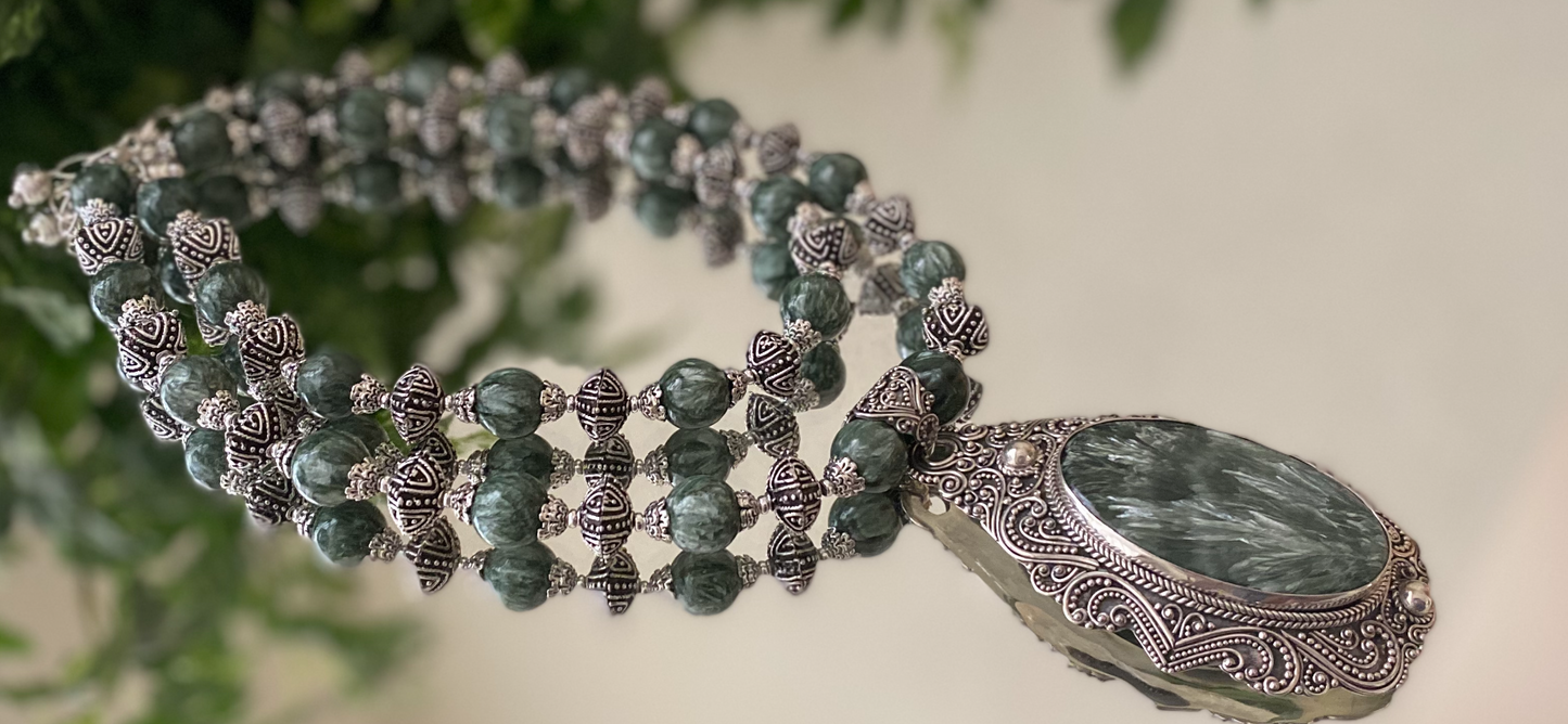 Seraphinite and Sterling Silver Beaded Necklace