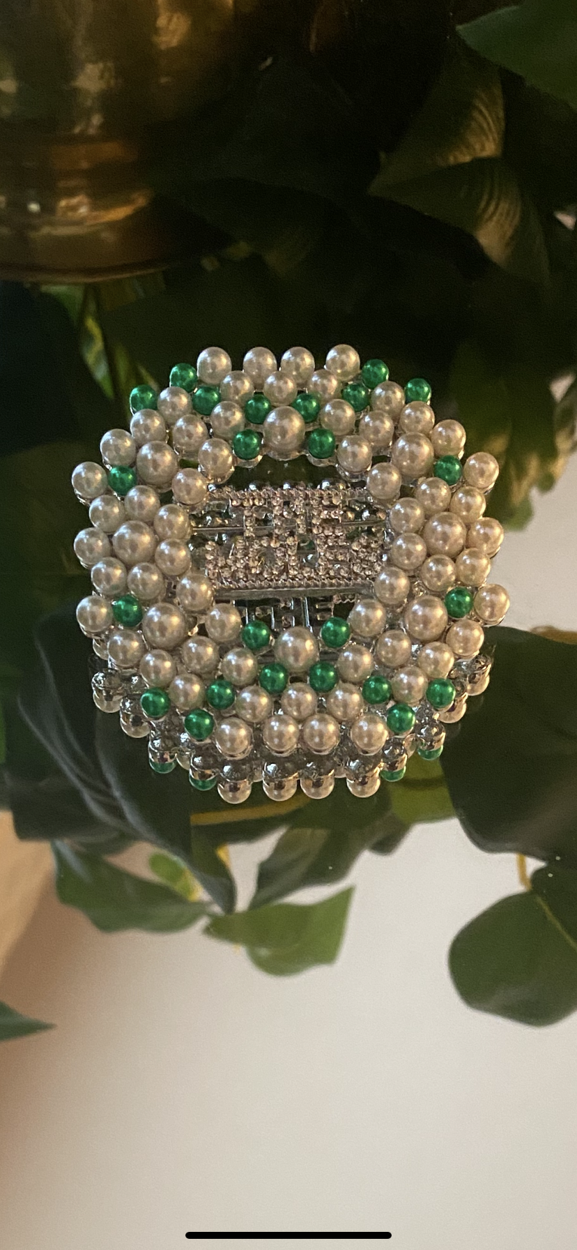 The Moles White and Green Pearls and Rhinestones Brooch #1