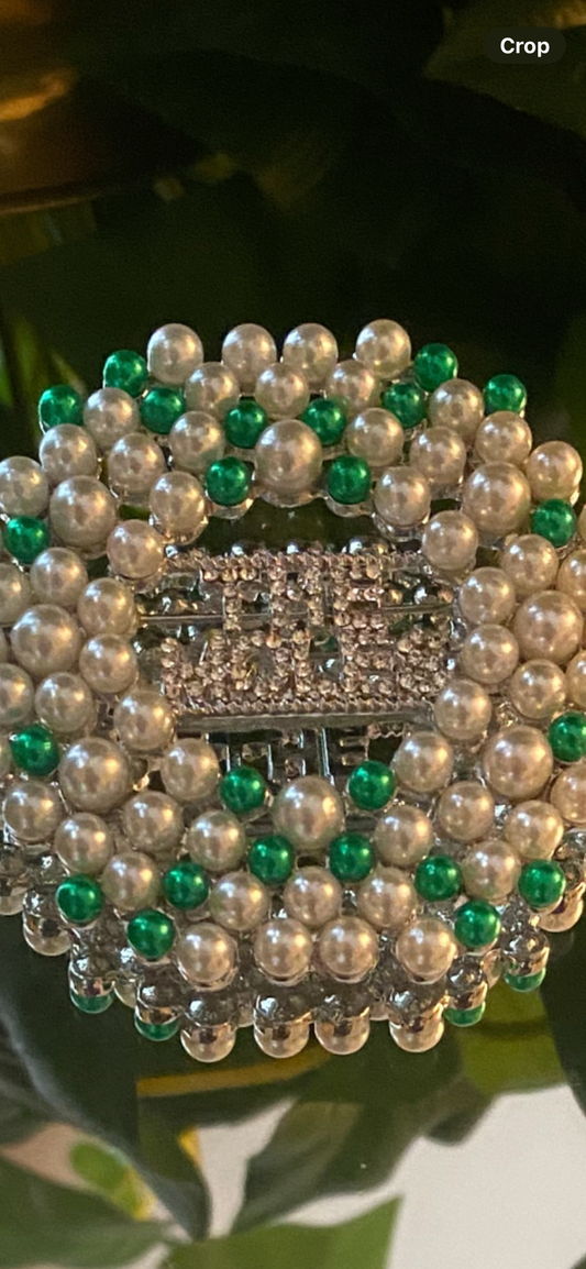 The Moles White and Green Pearls and Rhinestones Brooch #1