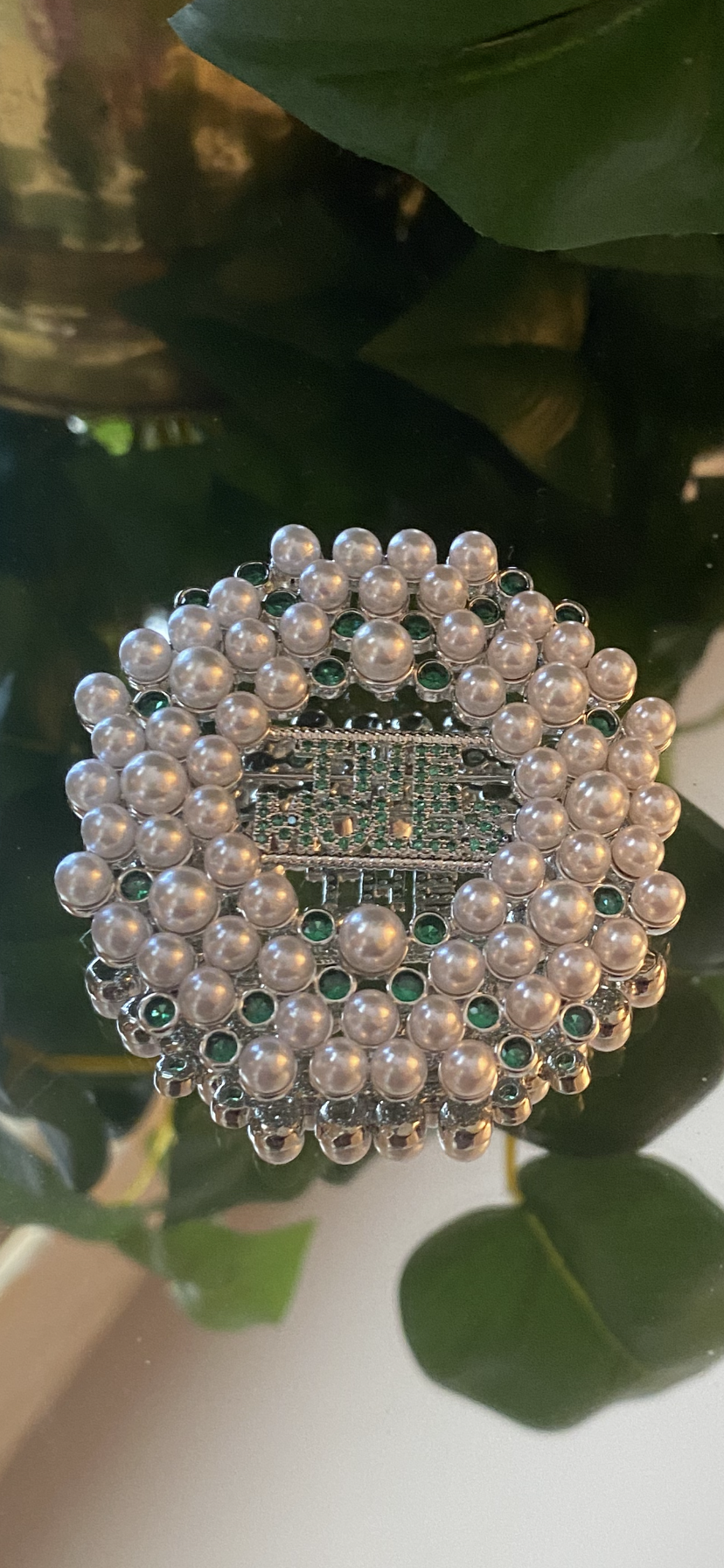 The Moles Pearls and Emerald Green Cubic Zirconia Crystals Brooch #10