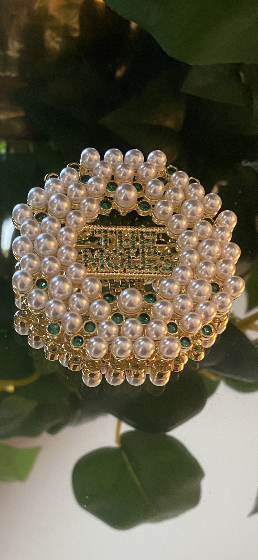 The Moles Pearls and Emerald Green Cubic Zirconia Crystals Brooch #5