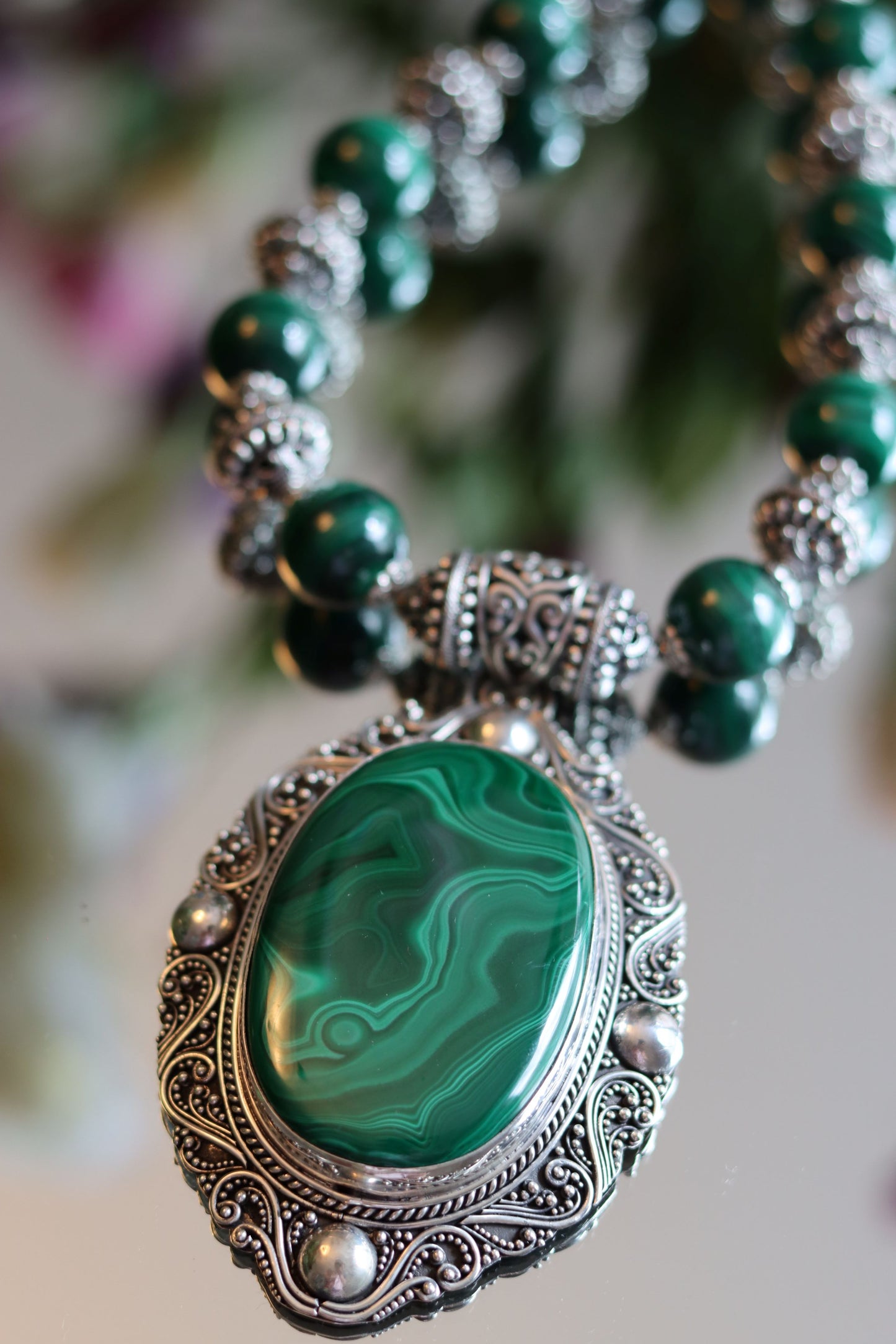 Malachite and Sterling Silver Beaded Necklace