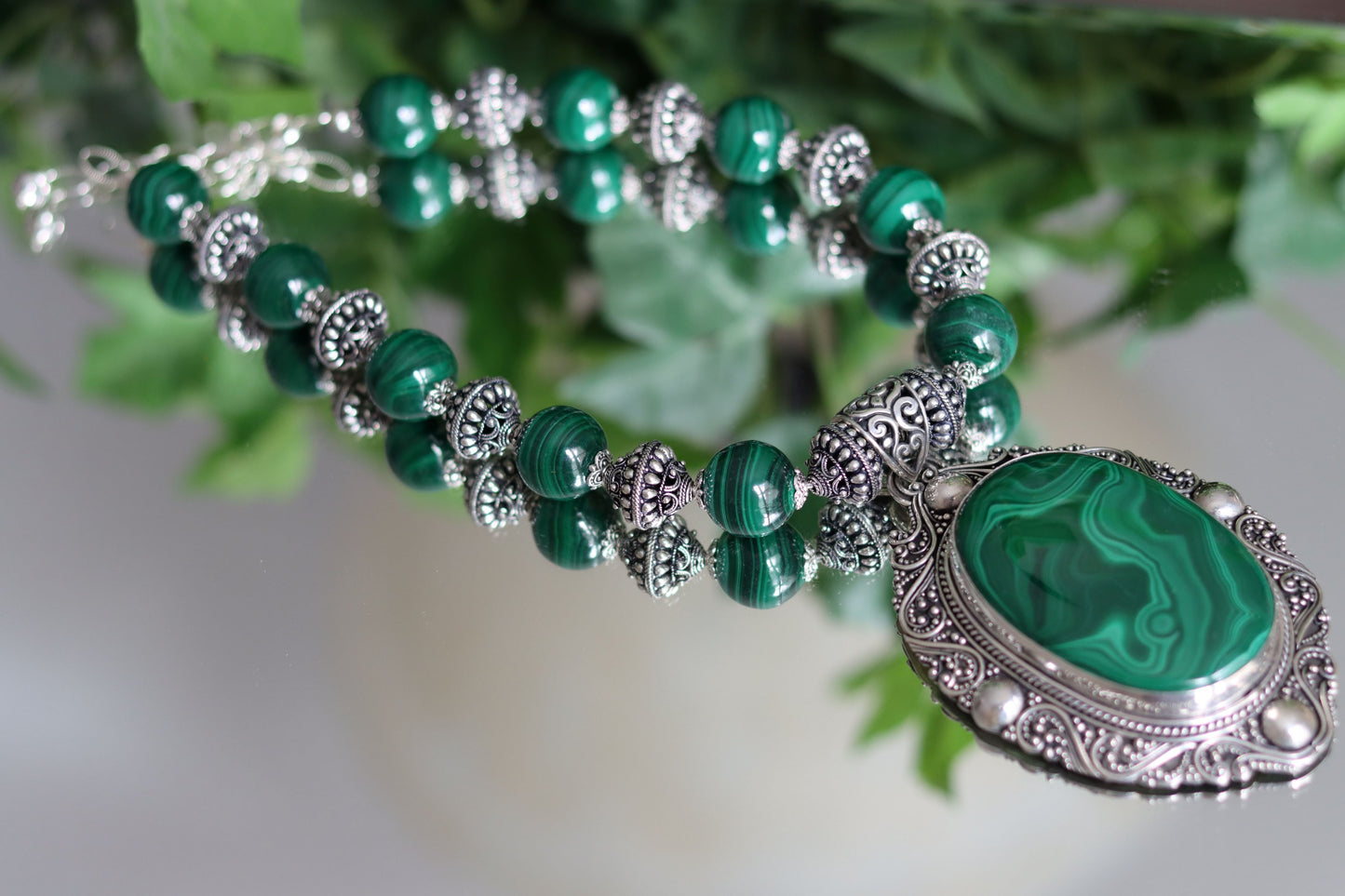 Malachite and Sterling Silver Beaded Necklace