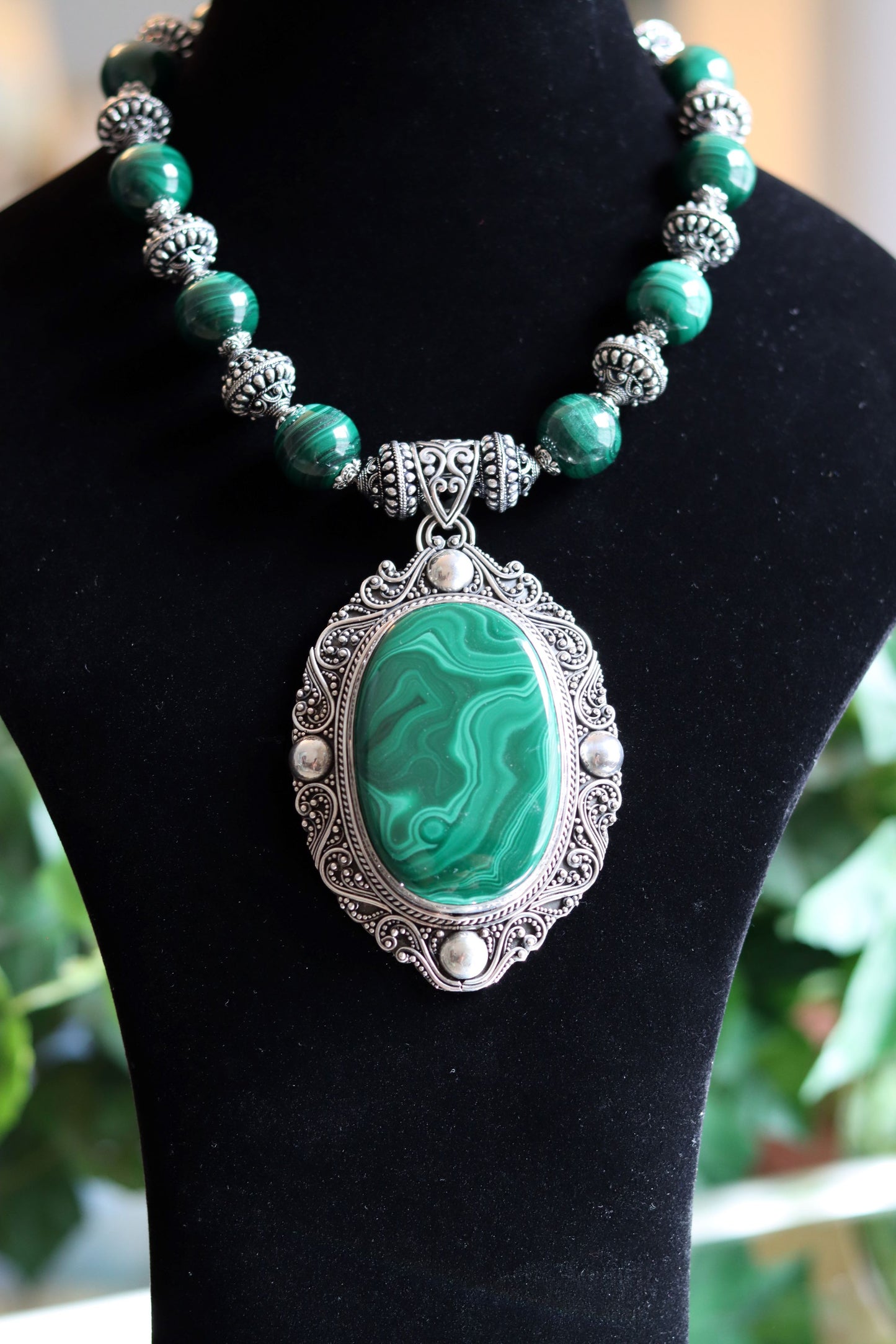 Malachite and Sterling Silver Beaded Necklace