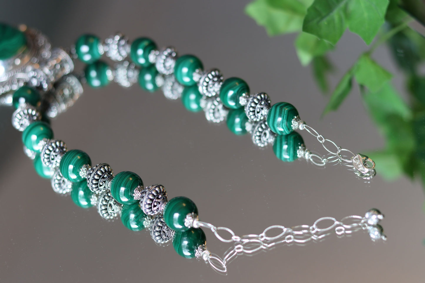 Malachite and Sterling Silver Beaded Necklace