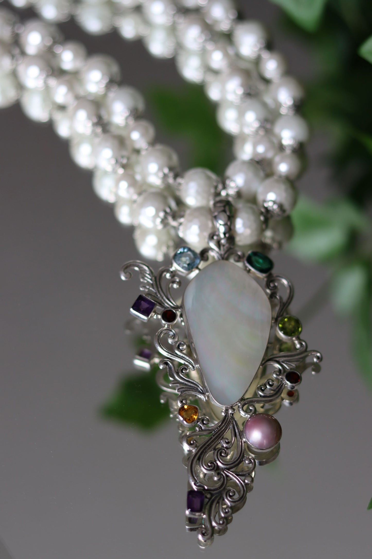 Mother of Pearl in Sterling Silver Crystals and Pearls Beaded Necklace