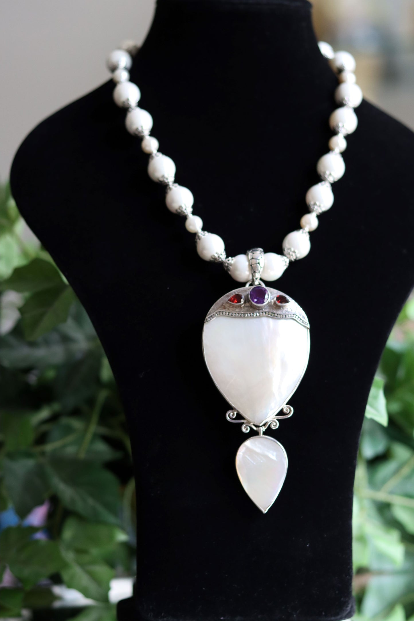 Mother of Pearl in Sterling Silver Ruby and Amethyst Beaded Necklace