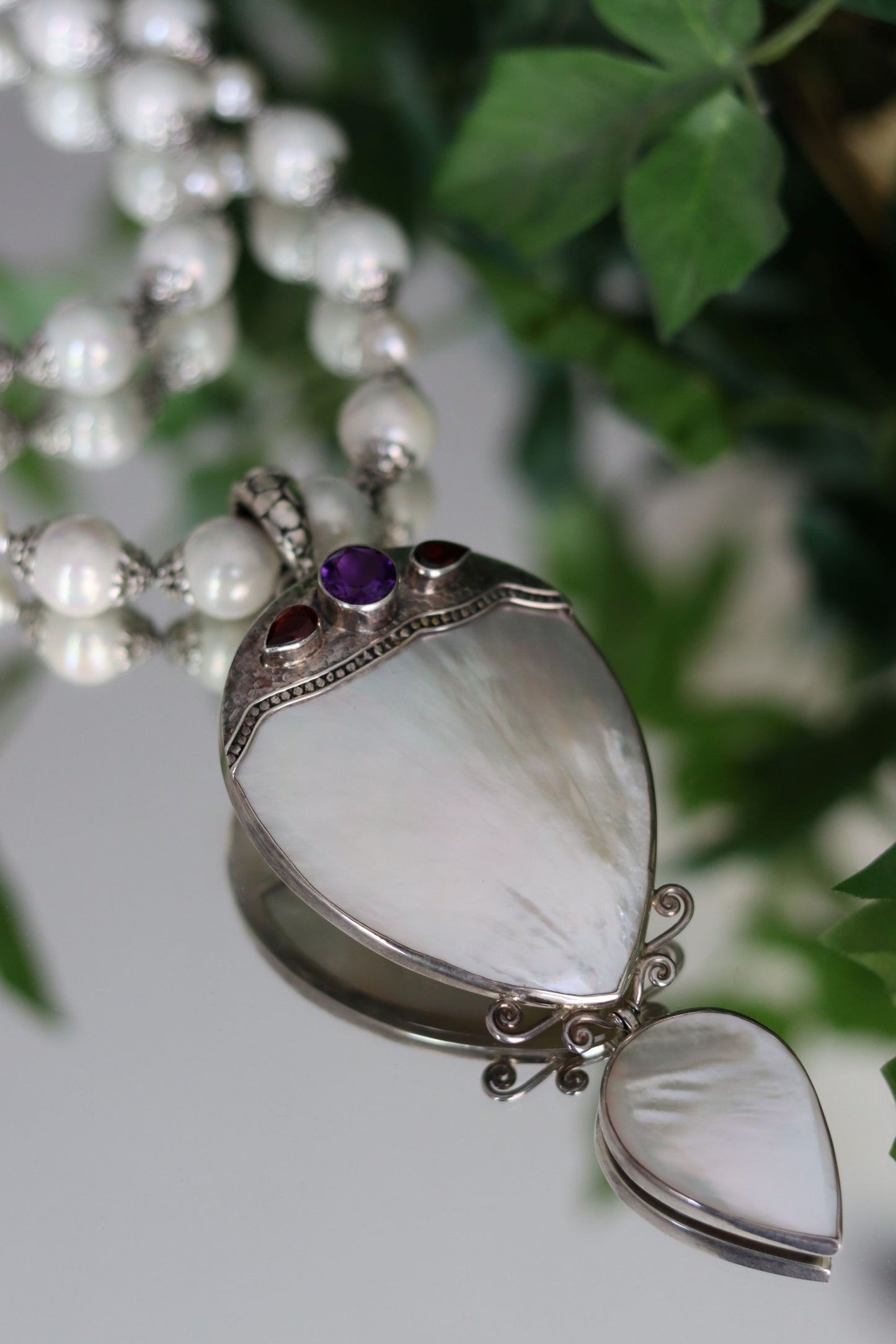 Mother of Pearl in Sterling Silver Ruby and Amethyst Beaded Necklace