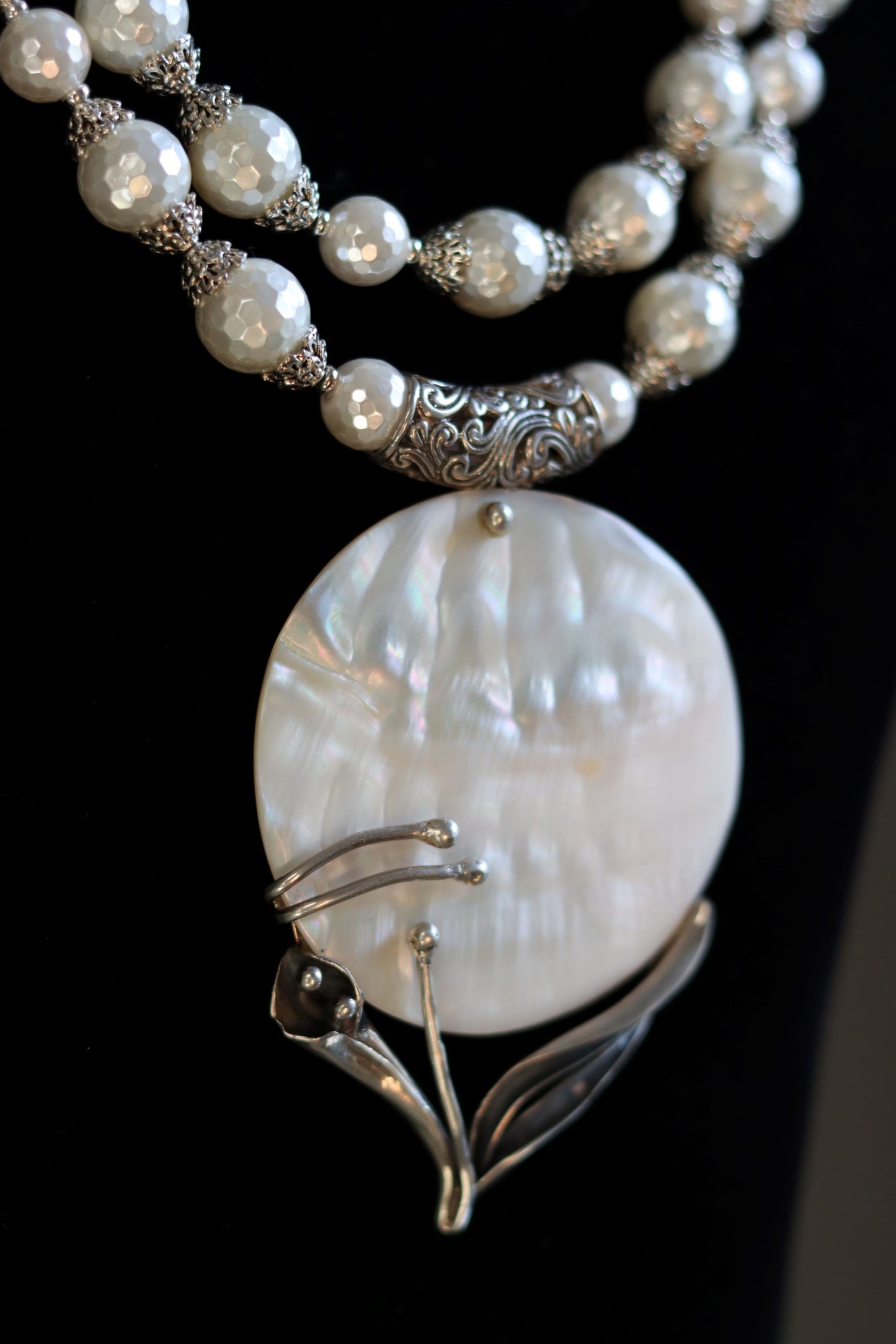 Mother of Pearl in Sterling Silver Three Strand Beaded Necklace