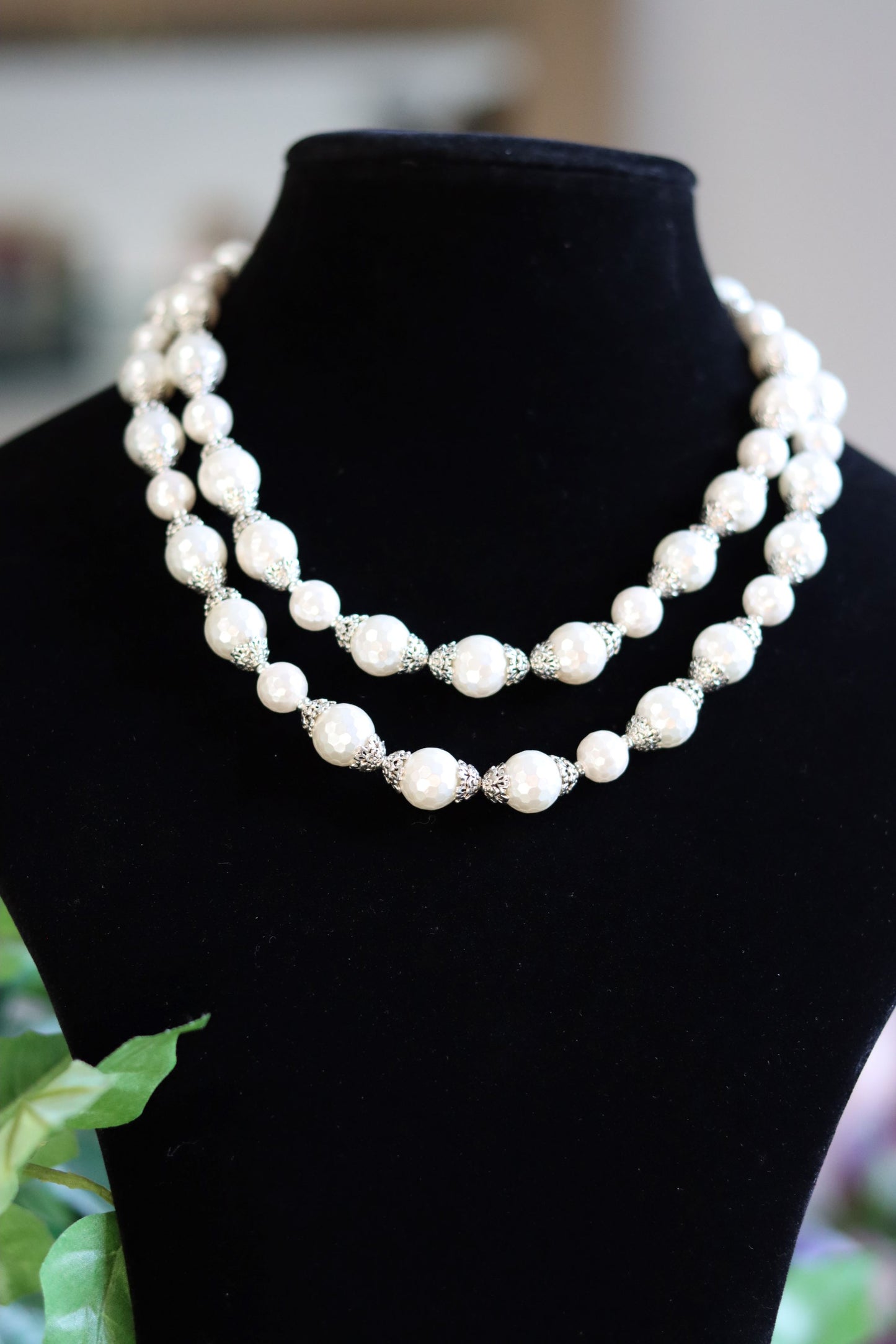 Mother of Pearl in Sterling Silver Three Strand Beaded Necklace