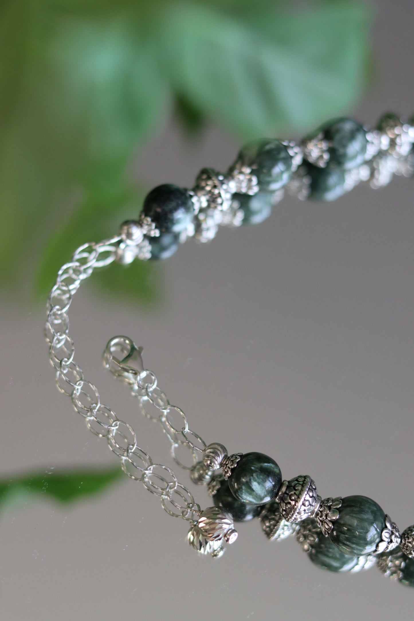 Serphinite and Sterling Silver Beaded Necklace