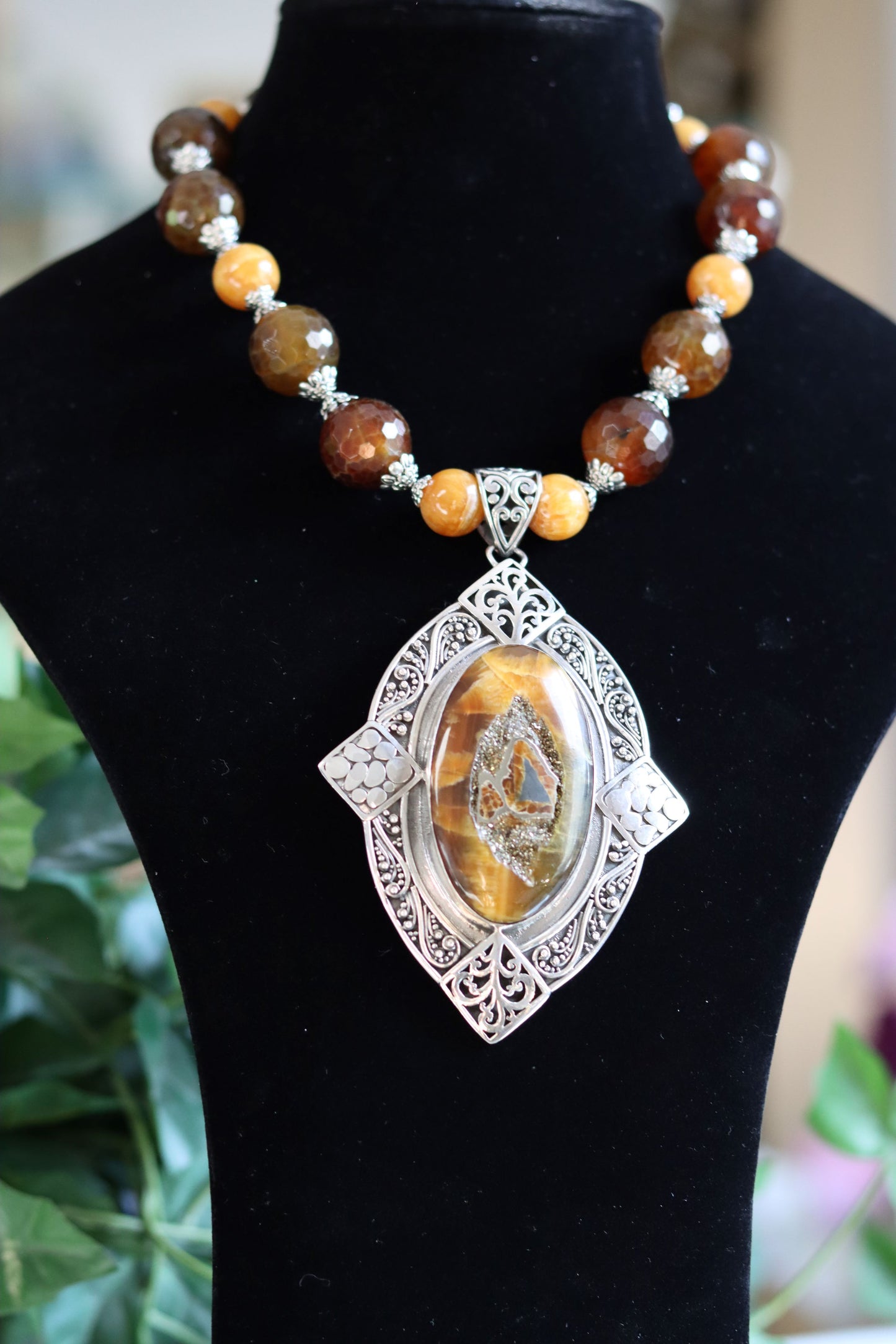 Simbircite Cabochon in Sterling Silver Agate Beaded Necklace