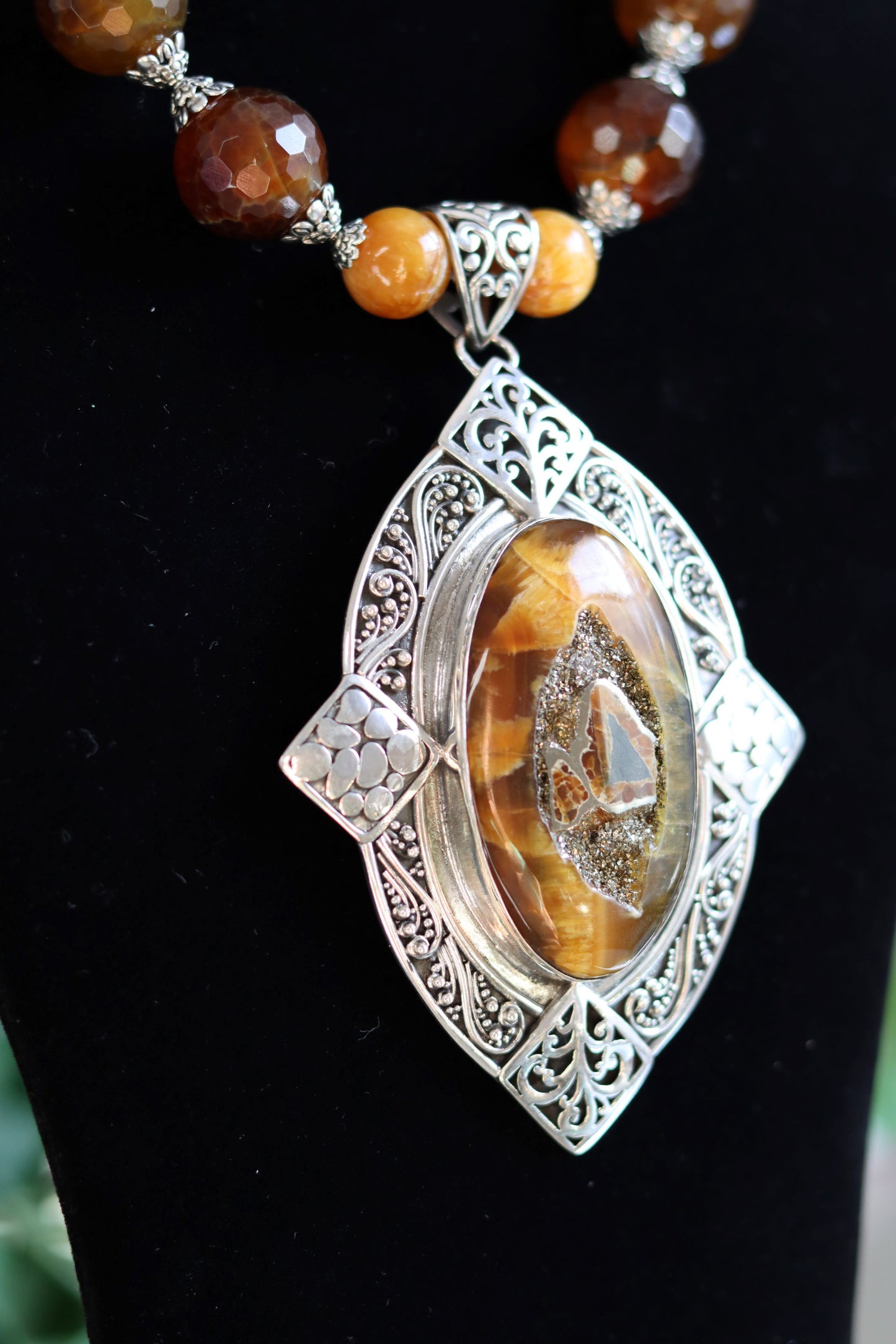 Simbircite Cabochon in Sterling Silver Agate Beaded Necklace