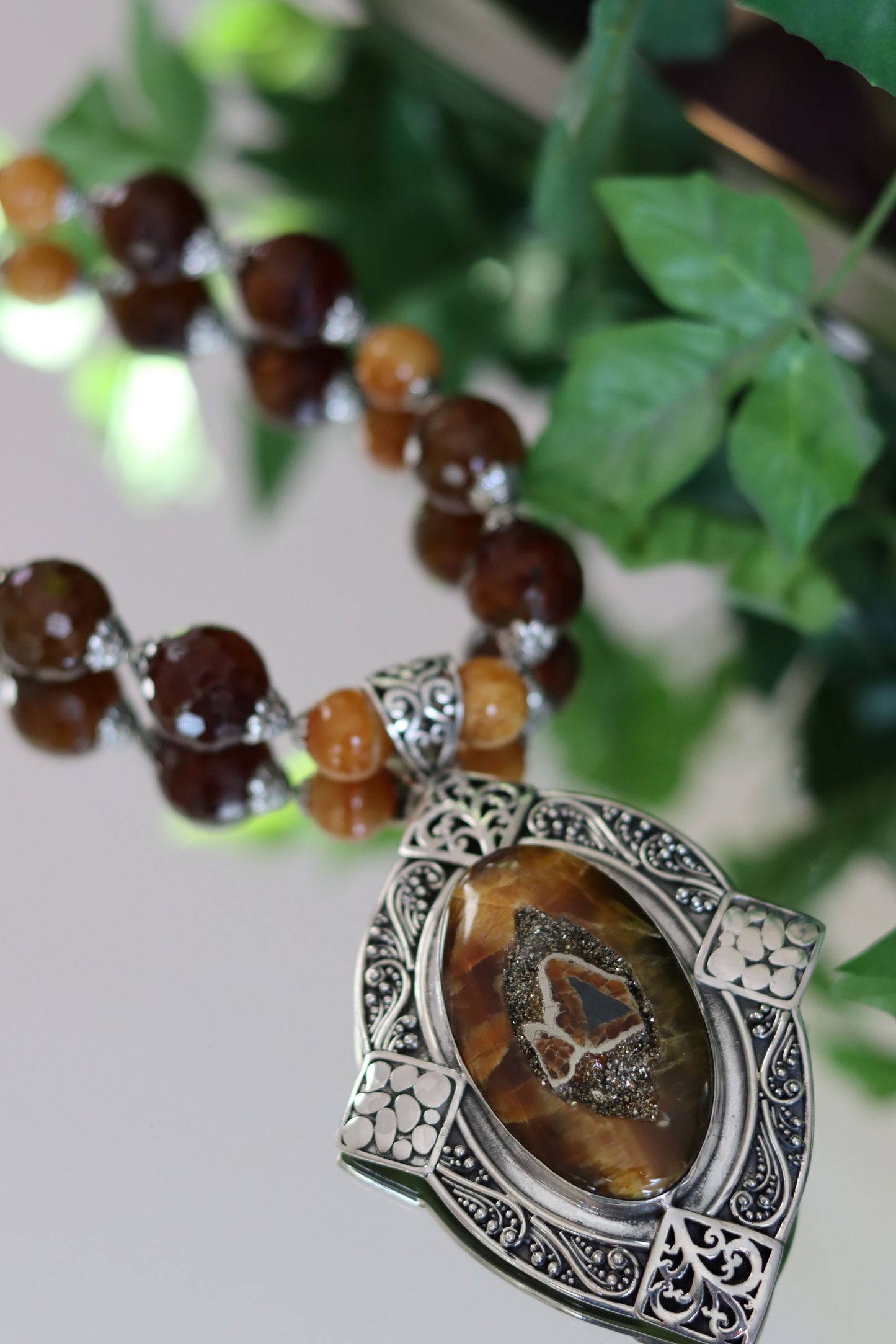 Simbircite Cabochon in Sterling Silver Agate Beaded Necklace