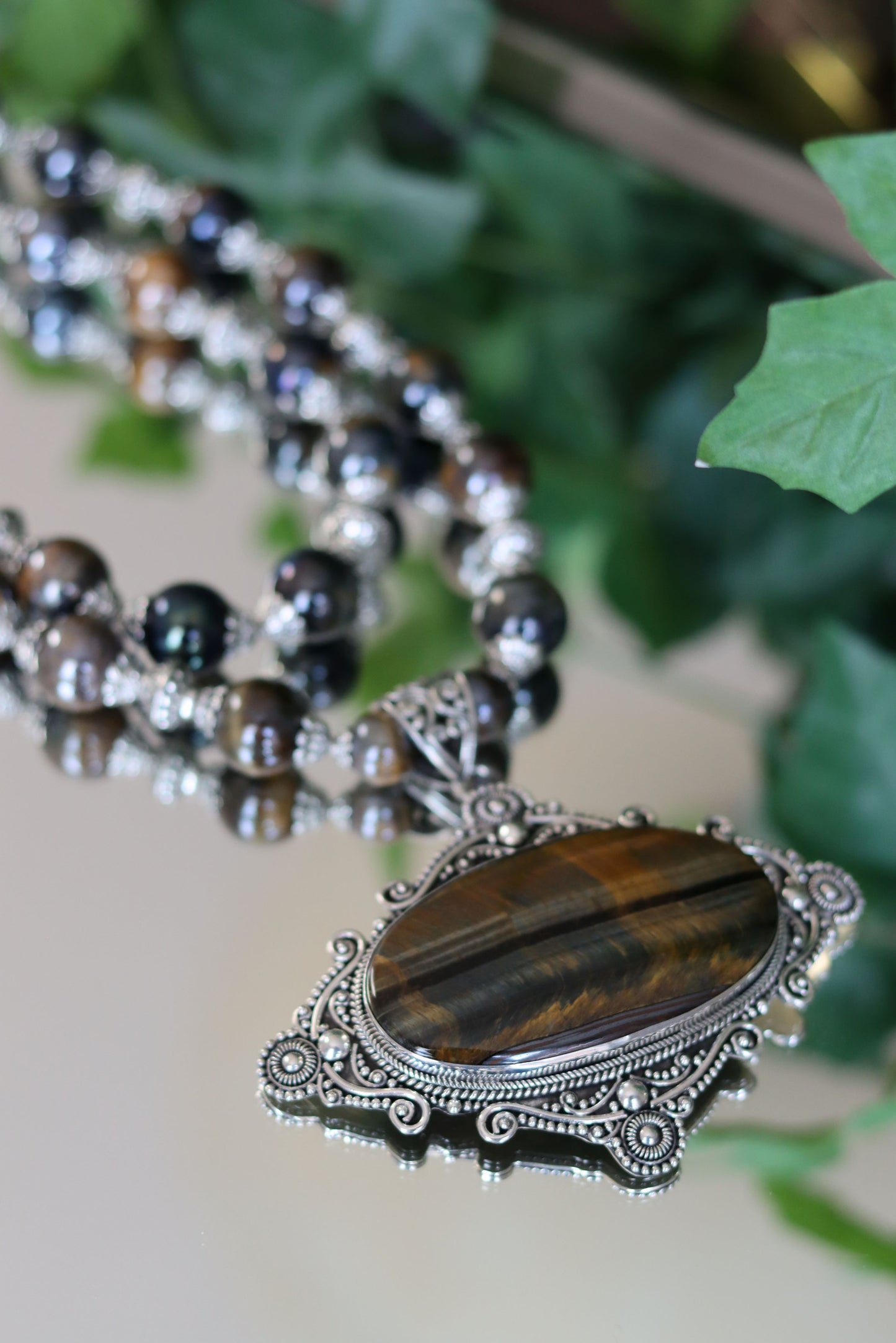 Natural Blue Tiger's Eye in Sterling Silver Beaded Necklace