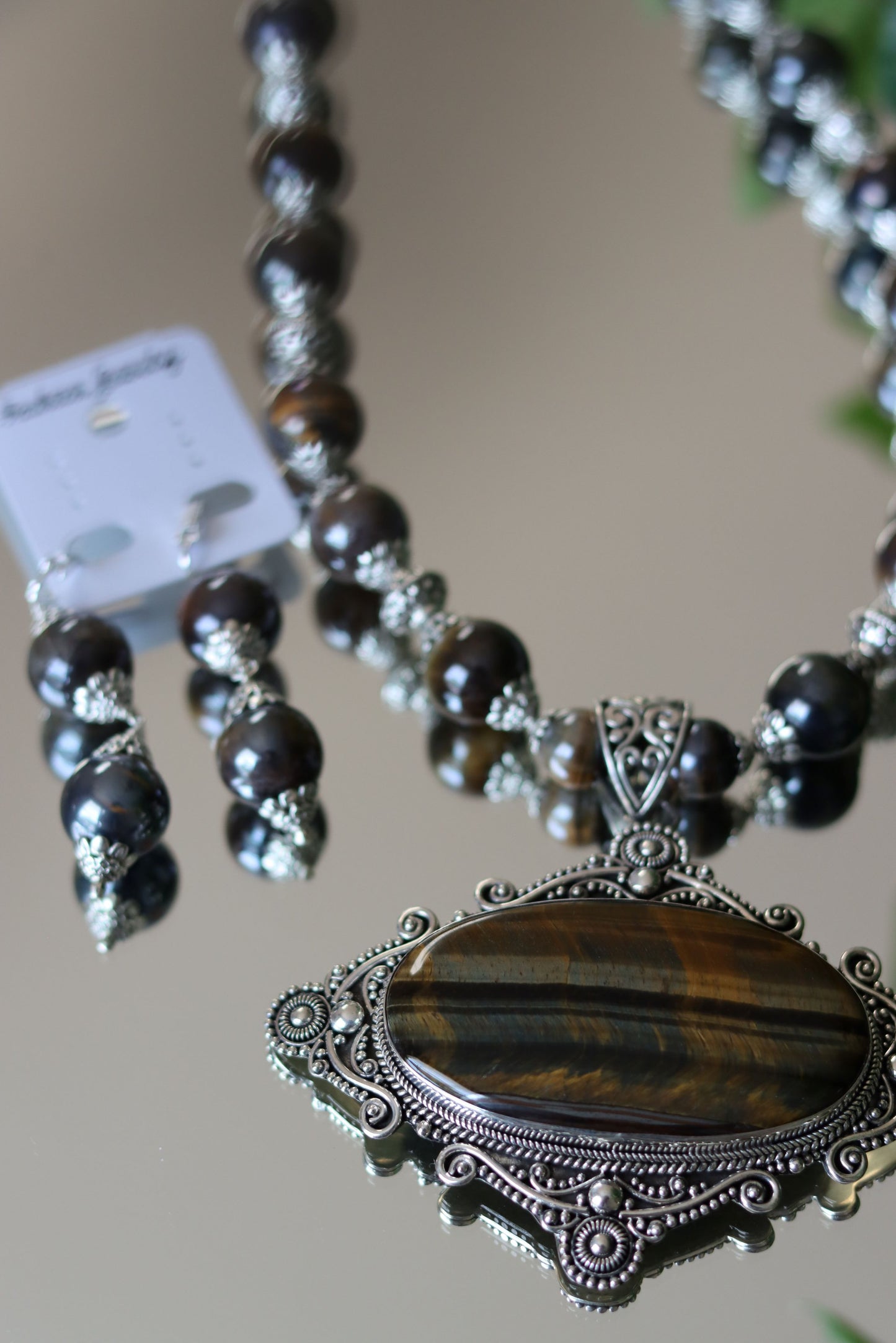 Natural Blue Tiger's Eye in Sterling Silver Beaded Necklace