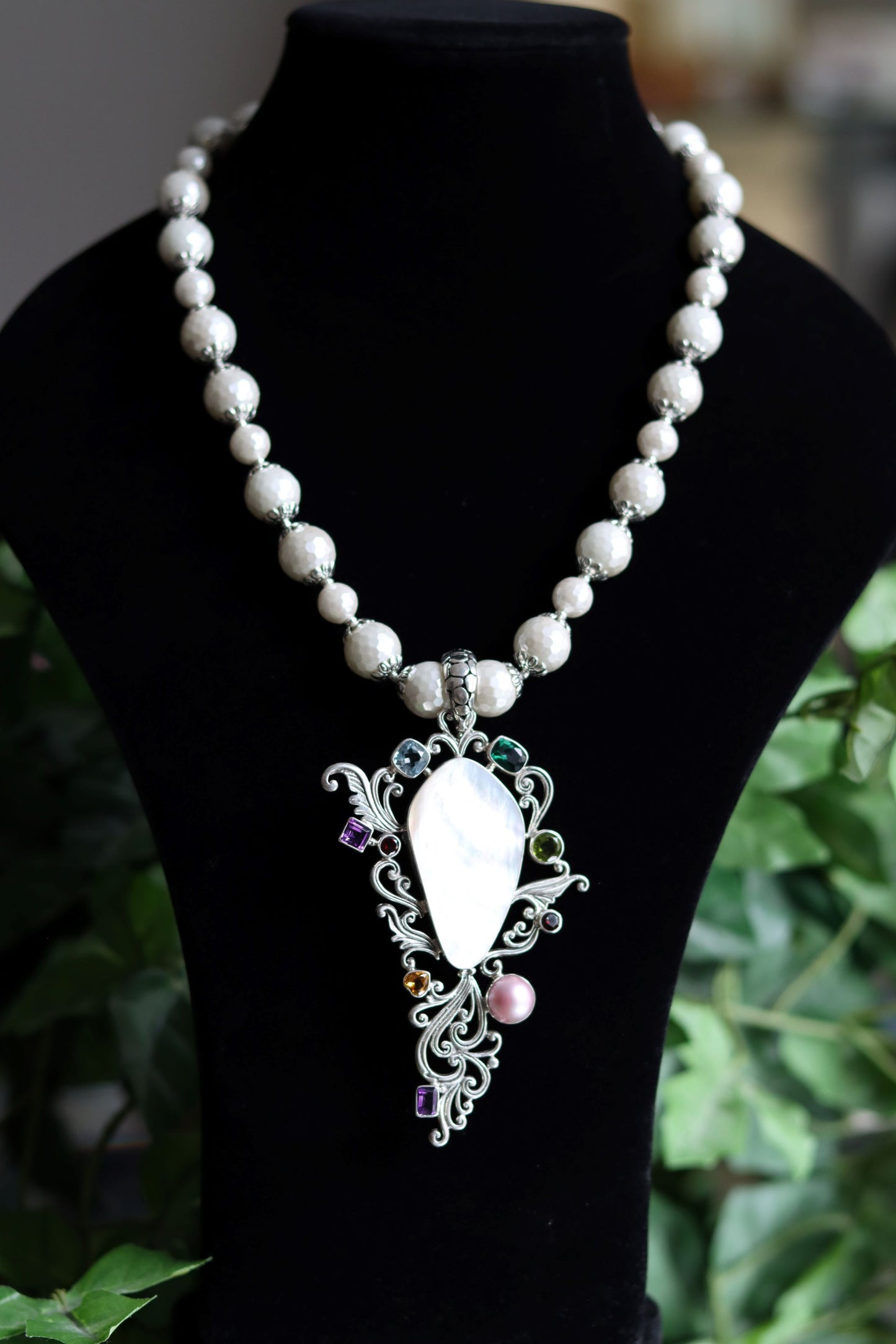 Mother of Pearl in Sterling Silver Crystals and Pearls Beaded Necklace